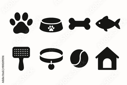 Pet icons collection: paw print, collar, bone, fish, house, ball, bowl, brush