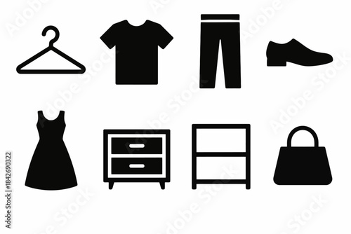 Clothing and furniture icons: shirt, dress, pants, shoes, hanger, drawer, shelf, bag