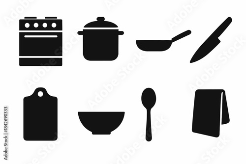 Silhouette icons: stove, pot, pan, knife, cutting board, bowl, spoon, towel