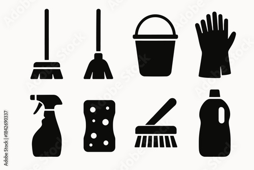 Set of black cleaning equipment icons: mops, bucket, gloves, spray bottle, sponge, brush, detergent