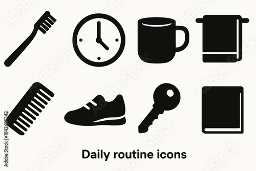 Daily routine icons: toothbrush, clock, mug, towel, comb, shoe, key, book