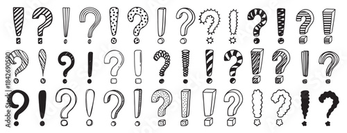 Doodle exclamation mark and question marks set. Hand drawn drawing punctuation symbols, creative ink stroke question exclamation mark icon set.