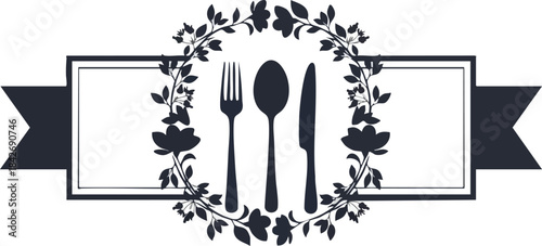 Elegant Dining Fork, Spoon, and Knife Within Floral Circle and Ribbon Banner