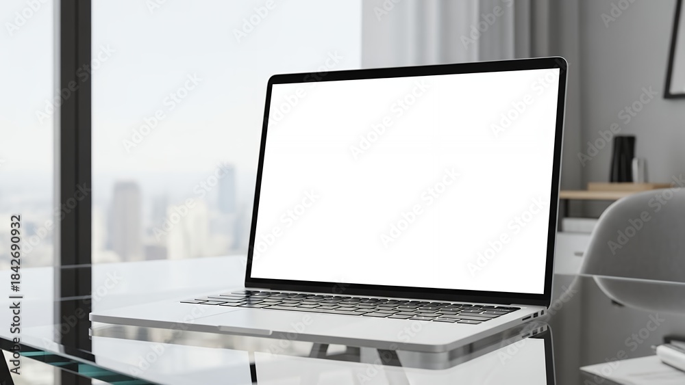 Fototapeta premium Modern Laptop with Blank Screen on Glass Desk in Contemporary Office