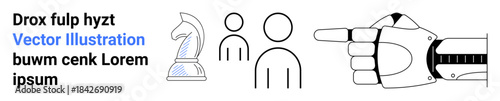 Artificial intelligence, teamwork, human interaction, strategic thinking, robotics, communication. Chess knight, human figures and mechanical hand illustration. Artificial intelligence and teamwork