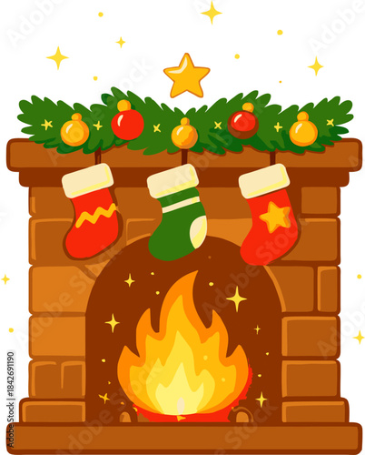 Christmas Fireplace Scene Vector Illustration — Warm glowing fireplace with stockings, garlands, and festive decor perfect for greeting cards, posters, and cozy holiday artwork.