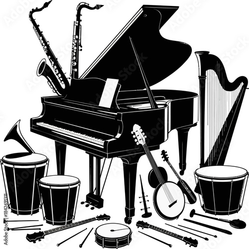 A bold black and white silhouette of a grand piano surrounded by various woodwind, percussion, and string instruments.