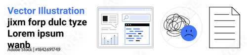 Data analytics, emotional health, digital literacy, mental clarity, user interface analysis, task organization. Diagram showing screen mockup, tangled lines sad face and document icon. Emotional