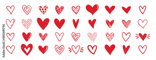 doodle red hearts different shapes for valentine day love icons. hand drawn different heart collection