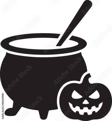 Halloween cauldron vector illustration with stirring spoon and spooky jack-o-lantern for festive holiday designs