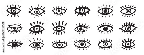 Grunge eyes hand drawn doodle icon set. Open black eyes with bold line. Monochrome eye element