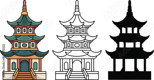 Pagodas silhouette & Outline and illustration set isolated on transparent background
