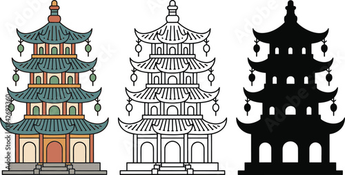 Pagodas silhouette & Outline and illustration set isolated on transparent background