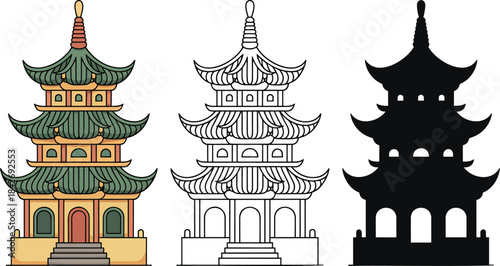 Pagodas silhouette & Outline and illustration set isolated on transparent background