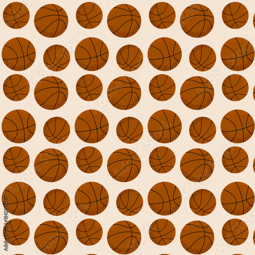 Seamless basketball pattern with brown balls on a light background. Ideal for sports-themed designs, kids products, fabric, wrapping paper, backgrounds and athletic branding.