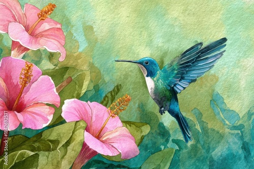 A vivid watercolor painting of a hummingbird in flight near pink tropical flowers, captured with delicate brushstrokes, creating a serene tropical art.