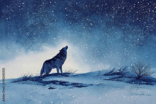Lone wolf in the pale moonlight, raising its head to howl towards the stars in the dark, silent winter night, snow on the ground.
