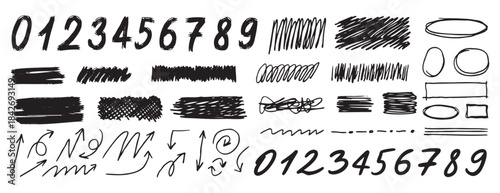 Grunge scribble freehand shapes and stripes numbers, emphasis hand drawn doodle squiggles marker arrows. Chalk painted scrawl frames doodle rouge scratches. 