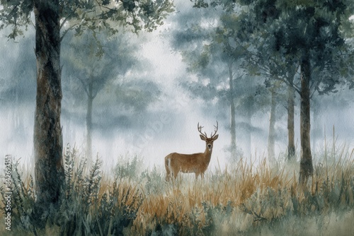 A majestic deer stands silently in a misty forest, surrounded by tall trees and dense undergrowth, creating a serene and peaceful scene.