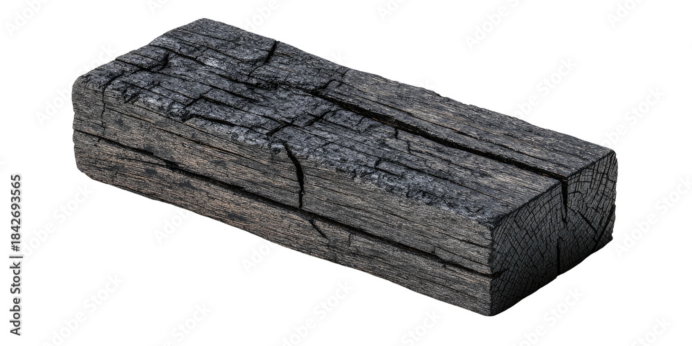 Fototapeta premium A weathered and charred rectangular wooden beam, with visible cracks and grain, isolated on black