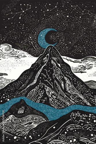 Beautiful night landscape with mountains and moon in lineart style