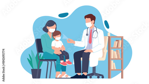 Illustration of a doctor consulting a mother and child wearing masks during a medical checkup, representing healthcare, safety, and pediatric care concepts