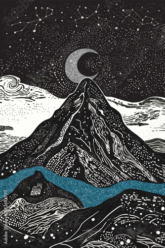 Beautiful night landscape with mountains and moon in lineart style