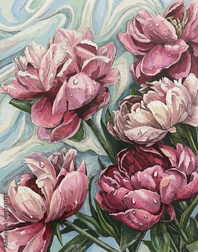 Pink and red peonies illustration. Stylized digital painting with gouache texture look. Vector style floral art. Colorful botanical drawing of lush peonies for wall art or greeting cards.