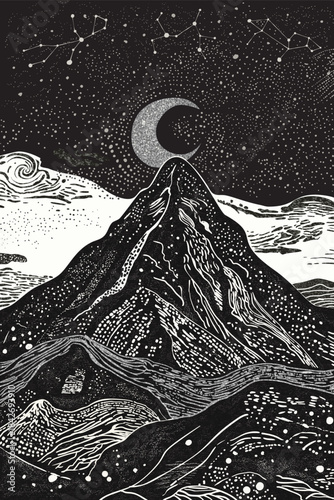 Beautiful night landscape with mountains and moon in lineart style