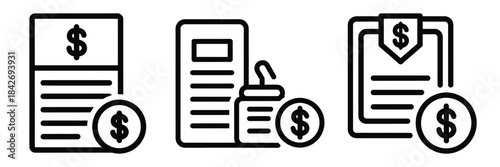 banking service outline stroke vector icon set. black color and white background