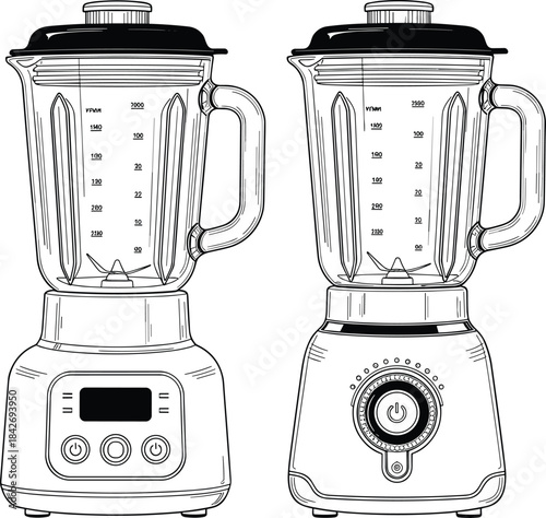 Set of kitchen blender illustrations with detailed jars, control panels and measurement markings in clean black line vector style for appliance CAD drawing design