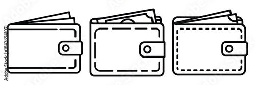 business wallet outline stroke vector icon set. black color and white background