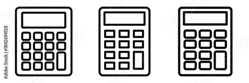 calculator finance outline stroke vector icon set. black color and white background