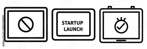 startup launch outline stroke vector icon set. black color and white background