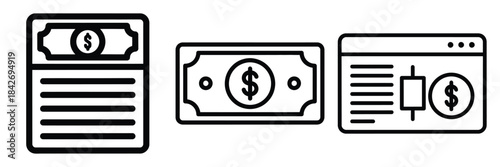 stock market outline stroke vector icon set. black color and white background