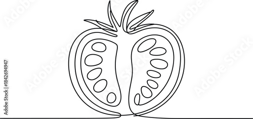 Black and white line of a halved tomato with seeds