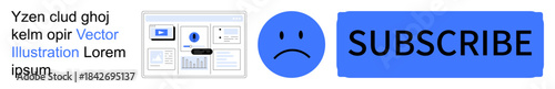 Online subscriptions, digital platforms, user engagement, call-to-action buttons, membership models, marketing strategies. Sad face icon and a subscribe button near a website layout. Online