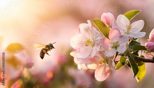 Wallpaper Mural the apple blossom branch with hovering bee in soft pink spring sunlight Torontodigital.ca
