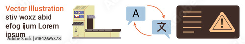 Language translation, automation, technology, error detection, workflow systems, quality control. Conveyor belt, speech bubble symbols warning icon. Language translation and automation concept