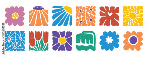 hand drawn poster abstract flowers groovy retro style. floral square botanical icon. freehand naive bright 70s style 