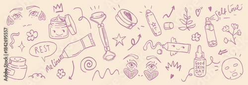 Self-Love Beauty  Doodle Set – Hand-Drawn Skincare Doodles in Minimal Emotional Wellness Style: Creams, Serums, Rollers, Patches, Masks, Sprays and Cute Self-Care Elements for Stickers and Branding.