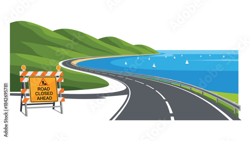 Road sign indicating roadwork ahead on a scenic highway by the ocean with green hills
