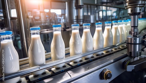 Wallpaper Mural bottles being filled with fresh milk on an automated production line in a dairy processing facility Torontodigital.ca