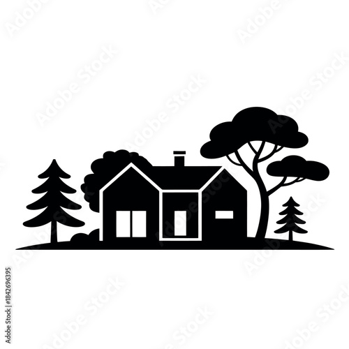 Serene house surrounded by trees in a peaceful landscape Vector