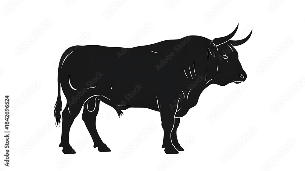 Fototapeta premium Silhouette of a powerful bull with large horns against a white background