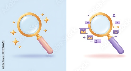 Searching for online content with golden magnifying glass and data icons