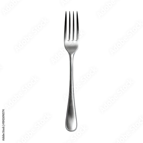 A stainless steel fork, symmetrical, tines upward, reflecting light, with a rounded handle, against black