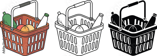 Shopping basket silhouette & Outline and illustration set isolated on transparent background