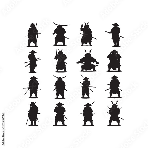 Samurai Silhouettes Collection,Samurai Silhouettes,Vector Samurai Warriors Silhouettes,Traditional Samurai Figures Silhouettes,samurai vector