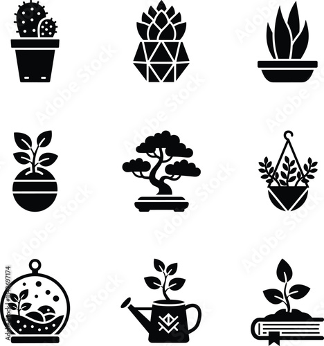Set of Potted Plant and Gardening Icons in Black Silhouette